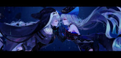 Rule 34 | 2girls, arknights, bare shoulders, black dress, black gloves, black nails, chinese commentary, commentary request, dress, closed eyes, facing another, from side, gloves, habit, letterboxed, long hair, long sleeves, looking at another, multiple girls, nail polish, profile, red eyes, sheya, silver hair, skadi (arknights), specter (arknights), very long hair