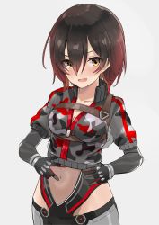 Rule 34 | 1girl, absurdres, blush, breasts, brown hair, camouflage, cleavage, covered navel, cowboy shot, cropped jacket, grey background, hair between eyes, hand on own hip, highres, hololive, large breasts, looking at viewer, mechanical arms, navel, open mouth, roboco-san, roboco-san (1st costume), satobitob, short hair, simple background, sketch, smile, solo, virtual youtuber, yellow eyes, zipper
