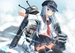 Rule 34 | 1girl, anchor, anchor symbol, black skirt, black thighhighs, blue eyes, blush, cannon, commentary request, flat cap, hair between eyes, hat, hibiki (kancolle), kantai collection, long hair, long sleeves, looking at viewer, machinery, midriff peek, miko fly, neckerchief, ocean, open mouth, pleated skirt, red neckerchief, rigging, sailor collar, school uniform, serafuku, silver hair, skirt, smokestack, solo, standing, thighhighs, torpedo, torpedo launcher, torpedo tubes, turret, water