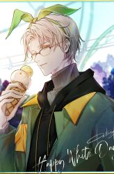 Rule 34 | 1boy, animal ears, brown sweater, closed mouth, coat, fake animal ears, food, glasses, green coat, headband, highres, holding, holding food, holding ice cream, ice cream, kikizhouu, long sleeves, looking at viewer, male focus, rabbit ears, short hair, solo, sweater, tears of themis, turtleneck, turtleneck sweater, upper body, vyn richter (tears of themis), white hair, yellow eyes