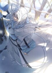 Rule 34 | 1girl, ahoge, braid, buttons, capelet, double-breasted, dress, dutch angle, feather hair ornament, feathers, hair intakes, hair ornament, highres, holding, holding staff, long sleeves, original, shiro youduki, side braid, snow, solo, staff, tree, white capelet, white dress, white hair, wide sleeves, winter, yellow eyes