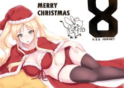 Rule 34 | 1girl, adapted costume, azur lane, bikini, bikini top only, black thighhighs, blonde hair, blush, breasts, cape, character name, christmas, cleavage, emblem, enchuu, front-tie top, green eyes, hand on own thigh, hat, hornet (azur lane), looking at viewer, lying, medium breasts, merry christmas, midriff, navel, on side, parted lips, red bikini, red cape, red hat, red shorts, santa bikini, santa costume, santa hat, short shorts, shorts, solo, swimsuit, thighhighs, twintails