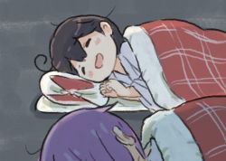Rule 34 | 2girls, ahoge, akebono (kancolle), black hair, blanket, blush stickers, commentary request, closed eyes, futon, japanese clothes, kantai collection, long sleeves, lying, multiple girls, on side, open mouth, own hands together, pillow, purple hair, saiguchi otoufu, sleeping, smile, ushio (kancolle), wide sleeves