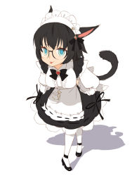 Rule 34 | 1girl, :p, animal ears, apron, black hair, blue eyes, cat ears, cat tail, final fantasy, final fantasy xiv, full body, glasses, highres, leaning forward, looking at viewer, maid, maid apron, maid headdress, mao yu, miqo&#039;te, short hair, simple background, solo, standing, tail, tongue, tongue out, warrior of light (ff14), white legwear