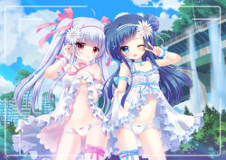Rule 34 | 2girls, ;d, ahoge, arm ribbon, babydoll, blue eyes, blue hair, blue ribbon, blunt bangs, blush, bow, bow panties, breasts, building, chestnut mouth, choker, clothes lift, cloud, collarbone, cowboy shot, day, detached sleeves, dress, dress lift, eyebrows, flower, frilled panties, frills, gluteal fold, groin, hair flower, hair ornament, hairband, hairclip, head tilt, ichi rin, leg ribbon, lifting own clothes, long hair, looking at viewer, medium breasts, multiple girls, navel, one eye closed, open mouth, original, outdoors, panties, pink ribbon, puffy short sleeves, puffy sleeves, red eyes, ribbon, ruins, short sleeves, sky, small breasts, smile, standing, star (symbol), tree, twintails, underwear, v, very long hair, viewfinder, water, waterfall, white panties, wrist cuffs, x hair ornament