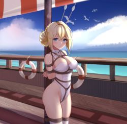 Rule 34 | 1girl, absurdres, alternate costume, azur lane, bare shoulders, bdsm, bird, blonde hair, blue eyes, blush, boat, bondage, bound, breasts, closed mouth, cloud, crotch rope, day, formal, hair ornament, highres, jeanne d&#039;arc (azur lane), large breasts, leotard, lifebuoy, looking at viewer, ocean, outdoors, restrained, seagull, ship, short hair, sky, solo, suit, swim ring, thighhighs, thighs, watercraft, white suit, white thighhighs, yuuraku yuraku