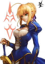 Rule 34 | 1girl, ahoge, artoria pendragon (all), artoria pendragon (fate), blonde hair, breasts, cleavage, cleavage cutout, clothing cutout, command spell, corset, dress, excalibur (fate/stay night), fate/stay night, fate (series), green eyes, hair bun, huge ahoge, long sleeves, planted, puffy long sleeves, puffy sleeves, saber (fate), sidelocks, signature, single hair bun, solo, sowel (sk3), sword, weapon, white background