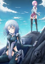 Rule 34 | 10s, 2girls, back, bare shoulders, beatless, black legwear, blue eyes, blue hair, bodysuit, creator connection, detached sleeves, guilty crown, hair ornament, hairclip, highres, lansfield, leicia, long hair, looking at viewer, looking back, multiple girls, open mouth, pink hair, red eyes, short hair, thighhighs, twintails, yuzuriha inori