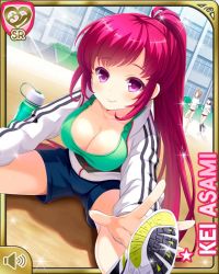Rule 34 | 3girls, asami kei, blue shorts, bottle, breasts, card (medium), character name, cleavage, closed mouth, day, english text, girlfriend (kari), green shirt, jacket, leaning forward, multiple girls, official art, outdoors, pink eyes, pink hair, ponytail, qp:flapper, running, school, shirt, shoes, shorts, smile, sneakers, sparkle, sportswear, stretching, tagme, volume symbol, water bottle, white jacket