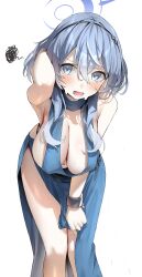 Rule 34 | 1girl, ako (blue archive), ako (dress) (blue archive), blue archive, blue dress, blue eyes, blue hair, blue halo, blush, breasts, cleavage, closed mouth, dress, hair between eyes, halo, highres, large breasts, leaning forward, long hair, looking at viewer, lower teeth only, navel, nidaime (doronbo), official alternate costume, open mouth, scribble, simple background, solo, standing, sweat, teeth, tongue, white background