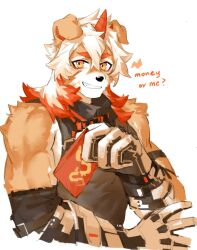 Rule 34 | 1boy, arknights, bara, biceps, black shirt, colored tips, commentary, english commentary, english text, furry, furry male, haru41113, highres, hongbao, horns, hung (arknights), komainu boy, komainu ears, looking at viewer, male focus, multicolored hair, shirt, single horn, sleeveless, sleeveless shirt, smile, upper body, white background, yellow eyes