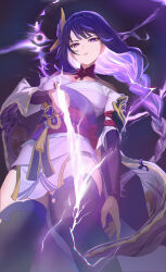 Rule 34 | 1girl, armor, braid, breasts, bridal gauntlets, commentary, contrapposto, electricity, floating hair, flower, from below, genshin impact, glowing, glowing sword, glowing weapon, highres, japanese clothes, kimono, long braid, long hair, looking at viewer, medium breasts, mole, mole under eye, obi, obiage, obijime, parted lips, purple background, purple eyes, purple flower, purple hair, purple kimono, purple thighhighs, raiden shogun, ricin, sash, serious, shoulder armor, shrug (clothing), solo, tassel, thighhighs, weapon
