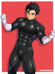 Rule 34 | 1boy, aged up, arms at sides, bara, black bodysuit, bodysuit, bulge, covered abs, covered navel, dragon ball, dragonball z, feet out of frame, flexing, highres, looking at viewer, male focus, muscular, muscular male, pectorals, short hair, sideburns, skin tight, solo, son gohan, thighs, torakichi (ebitendon)