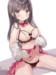 Rule 34 | 1girl, bad id, bad pixiv id, bare shoulders, black bra, black hair, black panties, blush, bow, bra, breasts, brown eyes, choker, clothes down, clothes lift, collarbone, commentary request, highres, lifted by self, lingerie, long hair, long sleeves, looking at viewer, medium breasts, navel, nipples, original, panties, parted lips, pleated skirt, red bow, red choker, red skirt, revealing clothes, rucaco, school uniform, shirt, sitting, skirt, skirt lift, sleeves past fingers, sleeves past wrists, solo, tears, underwear, wavy mouth, white shirt