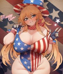 Rule 34 | 1girl, ahoge, alternate costume, american flag, american flag hat, american flag print, american flag swimsuit, blonde hair, blue eyes, blush, breasts, commentary, english commentary, flag print, gloves, hair between eyes, hat, highres, huge breasts, iowa (kancolle), kantai collection, long hair, looking at viewer, off shoulder, one-piece swimsuit, scarf, sidelocks, simple background, solo, star-shaped pupils, star (symbol), swimsuit, symbol-shaped pupils, top hat, uni (oni unicorn), united states, very long hair, wrist cuffs, yellow pupils