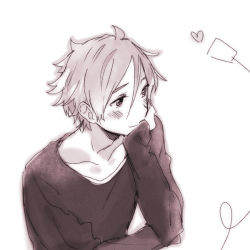 Rule 34 | 10s, 1boy, blush, head rest, hand on another&#039;s face, heart, male focus, momose (oqo), monochrome, ooji mochizou, phone, short hair, smile, solo, string phone, sweater, tamako market
