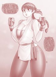 Rule 34 | 1girl, alternate breast size, belt, black belt, braid, breasts, cleavage, clenched hands, collarbone, dougi, ekz (robotekz), english text, fingerless gloves, gloves, headband, highres, huge breasts, long braid, martial arts belt, monochrome, padded gloves, pants, plunging neckline, ryuuko no ken, sepia, single braid, solo, spandex, speech bubble, standing, strapless, swept bangs, the king of fighters, thick thighs, thighs, tube top, yoga pants, yuri sakazaki