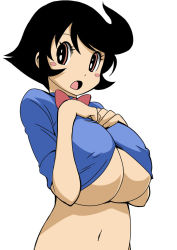 Rule 34 | 1girl, :o, aged up, bad id, bad pixiv id, black hair, blush stickers, bow, bowtie, breasts, breasts squeezed together, brown eyes, clothes lift, fushigi na merumo, huge breasts, merumo, muramasa mikado, navel, shirt lift, short hair, simple background, solo, underwear, white background