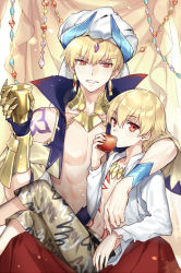 Rule 34 | &gt;:d, 2boys, :d, apple, bare shoulders, blonde hair, blue jacket, child, child gilgamesh (fate), cropped jacket, detached collar, diadem, eating, fate/grand order, fate/hollow ataraxia, fate (series), fhalei, food, fruit, gauntlets, gem, gilgamesh, gilgamesh (caster) (fate), gilgamesh (fate), high collar, horns, hug, jacket, jewelry, looking at another, looking at viewer, male focus, multiple boys, necklace, open clothes, open mouth, open shirt, red eyes, shirt, shorts, single gauntlet, sitting, sitting on lap, sitting on person, smile, turban, v-shaped eyebrows, white shirt