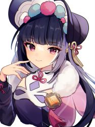 Rule 34 | 1girl, black hair, blunt bangs, commentary request, cropped torso, fur collar, genshin impact, hat, highres, long hair, looking at viewer, purple hat, red eyes, shirase (shirose), sidelocks, simple background, solo, tassel, upper body, very long hair, vision (genshin impact), white background, yun jin (genshin impact)