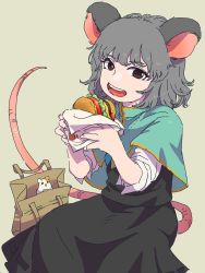 Rule 34 | 1girl, an-chan (ananna0315), animal ears, bag, black eyes, black skirt, blush stickers, bread bun, brown eyes, burger, capelet, cheese, commentary request, food, food wrapper, grey hair, hamster, highres, holding, holding food, lettuce, medium hair, mouse ears, mouse tail, nazrin, open mouth, short sleeves, skirt, tail, tan background, tomato, touhou, wrapper