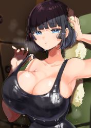 Rule 34 | 1girl, black hair, blue eyes, breasts, cleavage, hand on head, highres, huge breasts, one-piece swimsuit, original, otonateikoku, short hair, solo, sparkling eyes, steam, swimsuit, towel, wet, wet clothes, wet swimsuit, yac (mokkori)