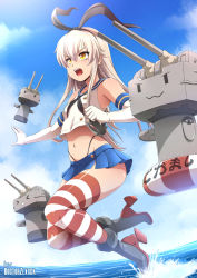 Rule 34 | 10s, 1girl, blonde hair, doctor zexxck, highres, kantai collection, lifebuoy, midriff, miniskirt, rensouhou-chan, shimakaze (kancolle), skirt, striped clothes, striped thighhighs, swim ring, thighhighs, watermark