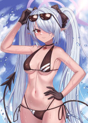 Rule 34 | 1girl, adjusting eyewear, armpits, bikini, black bikini, black gloves, blue archive, blue sky, blush, bow, breasts, cleavage, cloud, cloudy sky, collarbone, commentary request, dark skin, demon girl, demon tail, eyewear on head, gloves, groin, hair bow, hair over one eye, hair ribbon, halo, hand on own hip, highres, iori (blue archive), iori (swimsuit) (blue archive), long hair, looking at viewer, medium breasts, melreon, multi-strapped bikini bottom, navel, orange eyes, pointy ears, ribbon, sidelocks, silver hair, sky, solo, stomach, sunglasses, sunlight, swimsuit, tail, twintails, wet, wet clothes, wet swimsuit