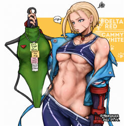 Rule 34 | 1girl, abs, artist name, biceps, blonde hair, blue eyes, blue jacket, breasts, cammy white, capcom, character name, clothes hanger, clothes pull, collarbone, crop top, dated, english text, facial scar, fingerless gloves, gloves, green leotard, groin, hershuar, holding, holding clothes hanger, jacket, leotard, medium breasts, midriff, muscular, muscular female, navel, off shoulder, pants, pants pull, pendant choker, scar, scar on cheek, scar on face, solo, sticky note, stomach, street fighter, street fighter 6, twitter username, underboob, undressing, vambraces