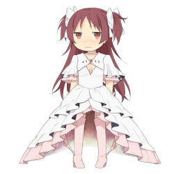 Rule 34 | 1girl, arms behind back, bad id, bad pixiv id, boots, cosplay, dress, kaname madoka, long hair, mahou shoujo madoka magica, mahou shoujo madoka magica (anime), pink footwear, red eyes, red hair, sakura kyoko, short twintails, solo, standing, thigh boots, thighhighs, tsuduya (knt31), twintails, two side up, ultimate madoka, ultimate madoka (cosplay), wavy mouth