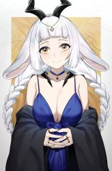 Rule 34 | 1girl, absurdres, animal ears, blue dress, blunt bangs, blush, braid, breasts, cleavage, closed mouth, collarbone, dress, earrings, gold nails, highres, jewelry, large breasts, long hair, looking at viewer, original, ring, smile, solo, twin braids, very long hair, wakamepiza, white hair, yellow eyes