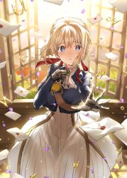 Rule 34 | 10s, 1girl, backlighting, bad id, bad pixiv id, blonde hair, blue eyes, blue jacket, blush, braid, breasts, brooch, bush, commentary, crying, crying with eyes open, dress, envelope, flying paper, gloves, gold, h shai, hair between eyes, hair intakes, hair ribbon, hand on own chest, jacket, jewelry, letter, looking at viewer, mechanical hands, medium breasts, open window, paper, petals, prosthesis, prosthetic hand, reaching, reaching towards viewer, red ribbon, ribbon, solo, standing, tears, violet evergarden, violet evergarden (series), wind, window