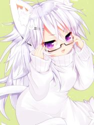 Rule 34 | 1girl, :d, animal ear fluff, animal ears, cat ears, cat hair ornament, cat tail, cowboy shot, fang, glasses, green background, hair ornament, hairclip, long hair, looking at viewer, mofuaki, open mouth, original, purple eyes, semi-rimless eyewear, shiro (mofuaki), silver hair, simple background, sleeves past wrists, smile, solo, sweater, tail, turtleneck, under-rim eyewear, white sweater