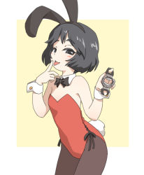 Rule 34 | 1girl, alternate hairstyle, animal ears, black bow, black bowtie, black eyes, black hair, black pantyhose, bow, bowtie, collar, commentary, cowboy shot, detached collar, fake animal ears, fake tail, flat chest, girls und panzer, half-closed eyes, holding, leotard, licking, licking finger, looking at viewer, open mouth, outside border, pantyhose, playboy bunny, rabbit ears, rabbit tail, short hair, side-tie leotard, simple background, smile, solo, strapless, strapless leotard, tail, tewarusa, utsugi yuuki, white collar, wrist cuffs, yellow background