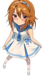 Rule 34 | 1girl, blue bow, blue neckerchief, blue sailor collar, blush, bow, breasts, closed mouth, commentary request, eyelashes, from above, full body, hairband, idolmaster, idolmaster cinderella girls, idolmaster cinderella girls u149, looking at viewer, medium hair, messy hair, neckerchief, orange hair, purple eyes, sailor collar, sailor swimsuit (idolmaster), sandals, serious, sidelocks, skirt hold, small breasts, solo, toya 0321, white background, white footwear, white hairband, yuuki haru