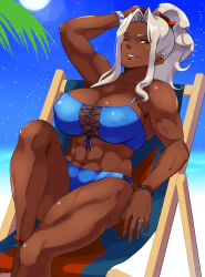 Rule 34 | 1girl, abs, absurdres, alternate costume, armband, bare arms, bare legs, barefoot, beach, beach chair, bikini, blue bikini, breasts, brown eyes, cleavage, covered erect nipples, dark-skinned female, dark skin, fire emblem, fire emblem engage, full moon, grey hair, high ponytail, highres, jewelry, large breasts, long hair, looking at viewer, moon, muscular, muscular female, night, nintendo, ocean, one eye closed, outdoors, palm tree, ponytail, ring, saphir (fire emblem), sky, smile, solo, star (sky), starry sky, swimsuit, tetsuji (i ttj f c), tree