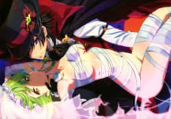Rule 34 | 1boy, 1girl, bandages, black hair, black hat, bow, breasts, bridal veil, brown eyes, c.c., code geass, fang, green hair, groin, halloween costume, hat, hat bow, hat ribbon, highres, lelouch vi britannia, long hair, looking at viewer, medium breasts, naked ribbon, navel, parted lips, purple eyes, red bow, red ribbon, ribbon, scan, shiny skin, underboob, veil