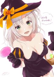 Rule 34 | 1girl, alternate costume, basket, black dress, black gloves, breasts, candy, cleavage, cosplay, dated, detached sleeves, dress, food, gloves, green eyes, grey hair, halloween, hat, highres, jack-o&#039;-lantern, kantai collection, kazuki kan, kinugasa (kancolle), lollipop, long hair, looking at viewer, medium breasts, remodel (kantai collection), solo, translation request, witch hat