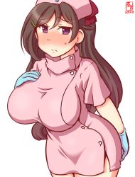 Rule 34 | 1girl, alternate costume, artist logo, blush, brown hair, cowboy shot, dated, dress, embarrassed, eyebrows, gloves, hair between eyes, hair ornament, hair ribbon, hairclip, hand on own chest, hat, kanon (kurogane knights), kantai collection, long hair, looking at viewer, mamiya (kancolle), nurse, nurse cap, one-hour drawing challenge, pink dress, purple eyes, ribbon, rubber gloves, short dress, simple background, solo, sweatdrop, white background