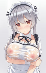 Rule 34 | 1girl, apron, blush, breasts, brown eyes, collarbone, covered erect nipples, gradient background, highres, large breasts, long hair, maid, maid headdress, mizunashi kenichi, original, see-through, silver hair, simple background, solo, twintails, waist apron, wet, wet clothes, wrist cuffs
