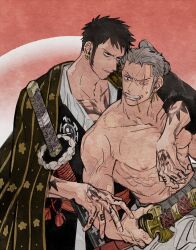 Rule 34 | 2boys, alternate costume, arm around shoulder, bara, black hair, black kimono, chest tattoo, chonmage, clenched teeth, collarbone, earrings, facial hair, goatee, green hair, holding, holding sword, holding weapon, japanese clothes, jewelry, kalk0011, kimono, long sideburns, looking afar, looking at another, male focus, multiple boys, nipples, one piece, open clothes, open kimono, pectorals, roronoa zoro, scar, scar across eye, sheath, sheathed, short hair, sideburns, smile, sweatdrop, sword, tattoo, teeth, topknot, trafalgar law, v-shaped eyebrows, weapon, yaoi