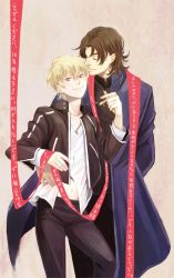 Rule 34 | 2boys, bad id, bad pixiv id, blonde hair, brown hair, cassock, coat, cross, cross necklace, fate/stay night, fate (series), ght53kklvcc231, gilgamesh (fate), highres, jewelry, kotomine kirei, male focus, multiple boys, necklace, official alternate costume, parted bangs, red eyes, ribbon, suwaru (ght53kklvcc231)