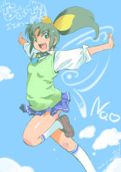 Rule 34 | 10s, 1girl, black hair, blue sky, butterfly wings, character name, cloud, dated, green eyes, green necktie, green sweater vest, inoue sora, insect wings, long hair, midorikawa nao, miniskirt, necktie, open mouth, outstretched arms, pleated skirt, ponytail, precure, school uniform, shirt, signature, skirt, sky, sleeves rolled up, smile precure!, socks, solo, spread arms, sweater vest, wings