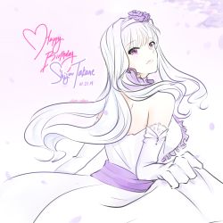 Rule 34 | 1girl, back, bare shoulders, dress, flower, gloves, hair flower, hair ornament, happy birthday, idolmaster, idolmaster (classic), long hair, open mouth, pink eyes, shijou takane, silver hair, smile, solo, udon-udon