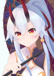 Rule 34 | 1girl, beads, blush, breasts, cleavage, cleavage cutout, clothing cutout, commentary request, fate/grand order, fate (series), hair beads, hair between eyes, hair ornament, hair ribbon, heroic spirit traveling outfit, highres, horns, long hair, looking at viewer, obustat, oil-paper umbrella, oni horns, orange eyes, ponytail, red ribbon, ribbon, sidelocks, silver hair, small breasts, smile, solo, tomoe gozen (fate), tomoe gozen (traveling outfit) (fate), umbrella, upper body