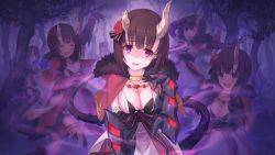 Rule 34 | 1girl, afterimage, arm guards, blunt bangs, bob cut, bow, breasts, bridal garter, broken horn, brown hair, capelet, cleavage, cygames, demon tail, drooling, eriko (princess connect!), flower, fog, hair flower, hair ornament, hiding, horns, mouth drool, official art, princess connect!, purple eyes, shaded face, sparkling eyes, tail, waist bow