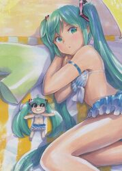 Rule 34 | 2girls, ahoge, aqua eyes, aqua hair, beach, bikini, blanket, blue bikini, chibi miku (mayo riyo), commentary, drooling, from above, grin, hair ornament, hand rest, hatsune miku, head on hand, head rest, long hair, looking to the side, lying, mayo riyo, mini person, minigirl, mouth drool, multiple girls, on back, on side, outstretched arms, parasol, parted lips, smile, spring onion, striped bikini, striped clothes, stuffed toy, sunglasses, swimsuit, traditional media, twintails, umbrella, very long hair, vocaloid