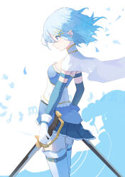 Rule 34 | 1girl, absurdres, belt, blue background, blue eyes, blue skirt, bodice, boots, cape, collared cape, cowboy shot, detached sleeves, dual wielding, expressionless, floating cape, floating hair, fortissimo, frills, from side, gloves, hair ornament, highres, holding, holding sword, holding weapon, looking ahead, magical girl, mahou shoujo madoka magica, miki sayaka, musical note, musical note hair ornament, profile, short hair, skirt, solo, standing, sword, thigh belt, thigh boots, thigh strap, two-tone background, weapon, white background, white cape, white footwear, white gloves, wind, xinjinjumin8456216