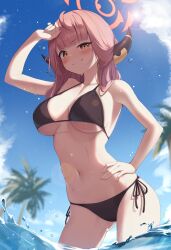 Rule 34 | 1girl, absurdres, alternate costume, aru (blue archive), bikini, bitseon, black bikini, blue archive, blue sky, blush, breasts, closed mouth, cloud, collarbone, commentary, day, halo, hand on own hip, highres, horns, large breasts, looking at viewer, medium hair, navel, ocean, orange eyes, palm tree, partially submerged, red hair, red halo, side-tie bikini bottom, sky, solo, swimsuit, tree, wet