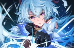 Rule 34 | arrow (projectile), bell, black gloves, blue hair, bow, bow (weapon), bowtie, drawing bow, ganyu (genshin impact), genshin impact, glaring, gloves, hirai yuzuki, holding, holding bow (weapon), holding weapon, long hair, looking at viewer, magic, multicolored eyes, neck bell, purple eyes, signature, solo, weapon, white sleeves, wind